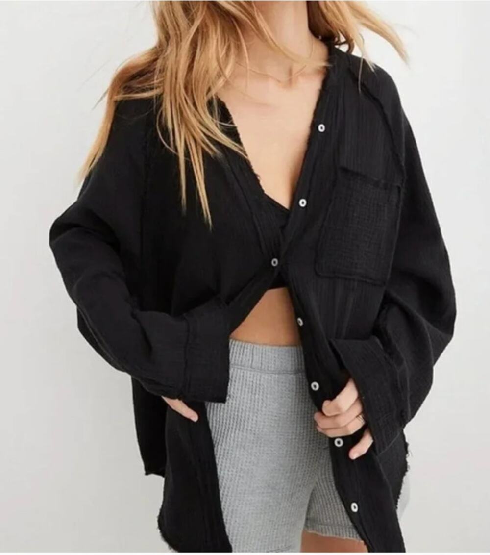 Aerie Pool To Party Long Sleeve Gauzy Tunic Button Down Shirt Black XS